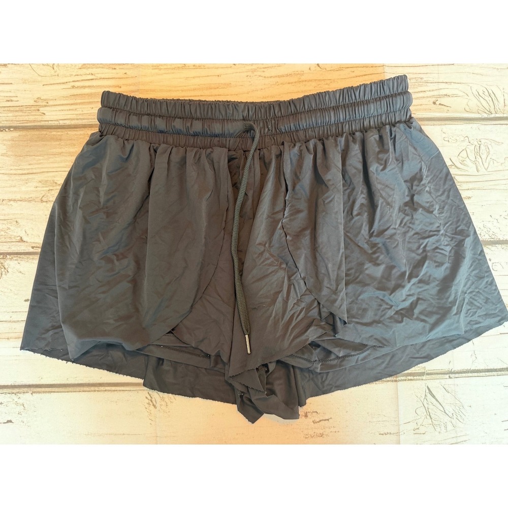 Black Athletic Running Shorts Drawstring Layered Tulip Hem Large - Picture 1 of 3